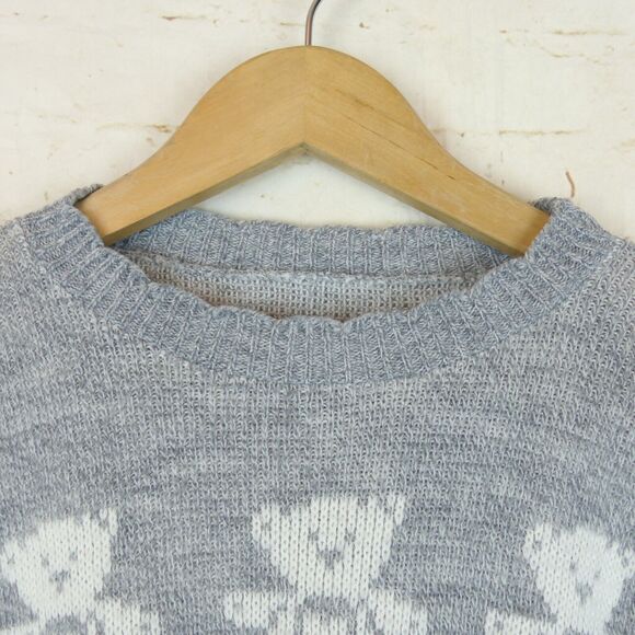 VTG 80s Adele Sweater Womens L Gray Pink Teddy Bears Floral Kidcore Kawaii USA - Picture 5 of 8